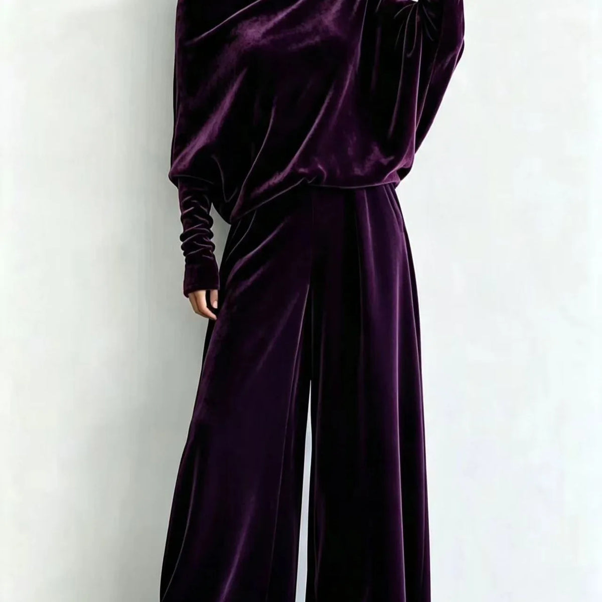 Women's Suit Two Piece Pants Set One Shoulder Batwing Sleeve Velvet Wide Leg Trousers Loose Fit Autumn Winter Tracksuit