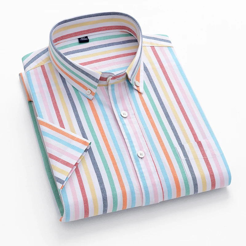 New Men's Striped Fashion Short Sleeve 100% Cotton Oxford Plaid Business Button Down Regular Fit Office Shirt Man Clothing