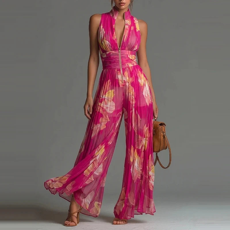 Elegant Stand Collar Zipper Long Jumpsuits Women's Casual Sleeveless Draped Party Rompers Fashion Printed Waist Summer Playsuits
