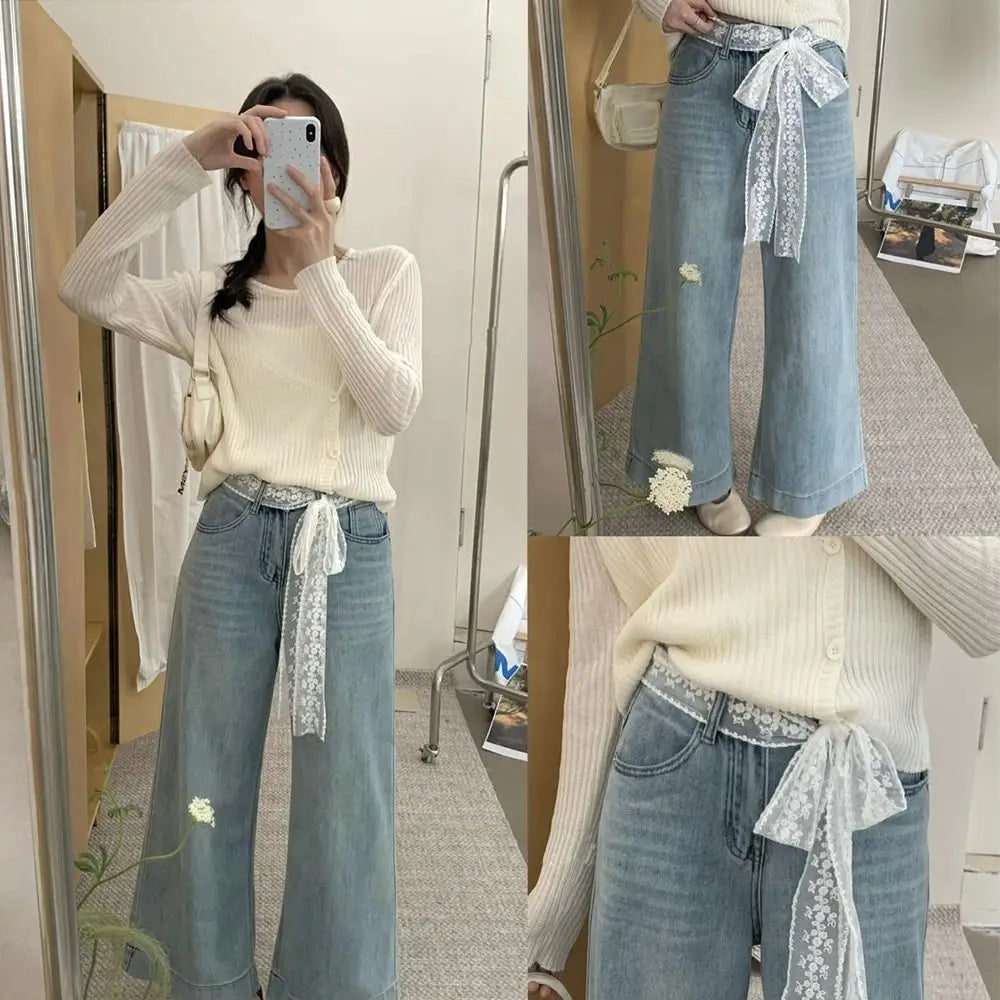 Korean Y2k Long Lace Waistband Floral Thin Lace Waist Belt Tie Up Bow Dress Jeans Belt Summer