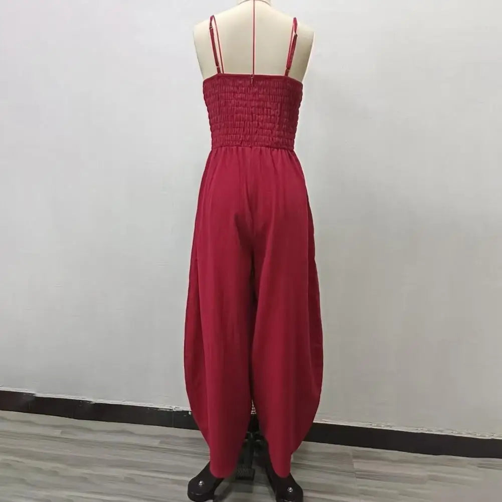 Elegant Sexy V-Neck Spaghetti Strap Jumpsuit Women High Waist Wide Leg Casual Romper Spring Boho Solid Backless Pockets Overalls