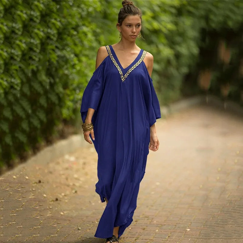 Kaftan Dresses Beach Blouse Solid Cotton Robe Bikini Sunscreen Shirt Loose Dress Women Maxi Dress Beach Wear Summer Vacation