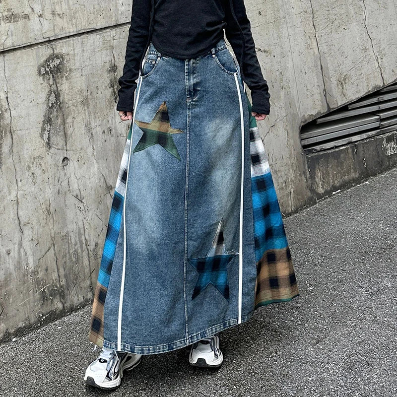 High Fashion Denim Skirt Women Elastic High Waist A-Line Long Skirt Female Colorful Patchwork Plaid Jean Skirt