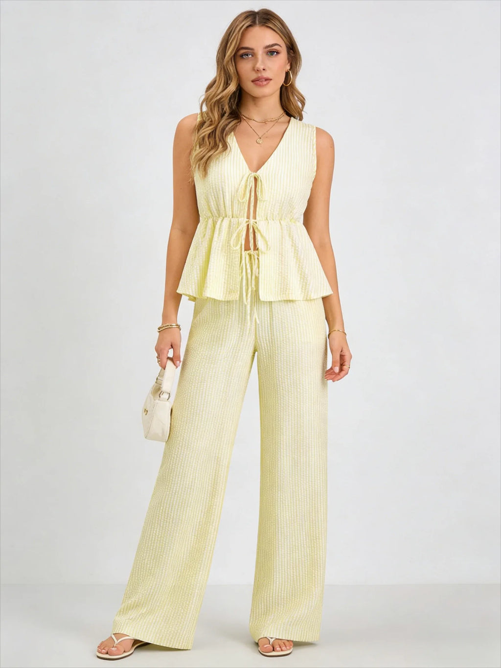 Spring/Summer Solid-Color Striped Set: Casual Tank Top, Tie-Front Tank Top, and Loose-Fit Tie-Front Solid-Color Pants