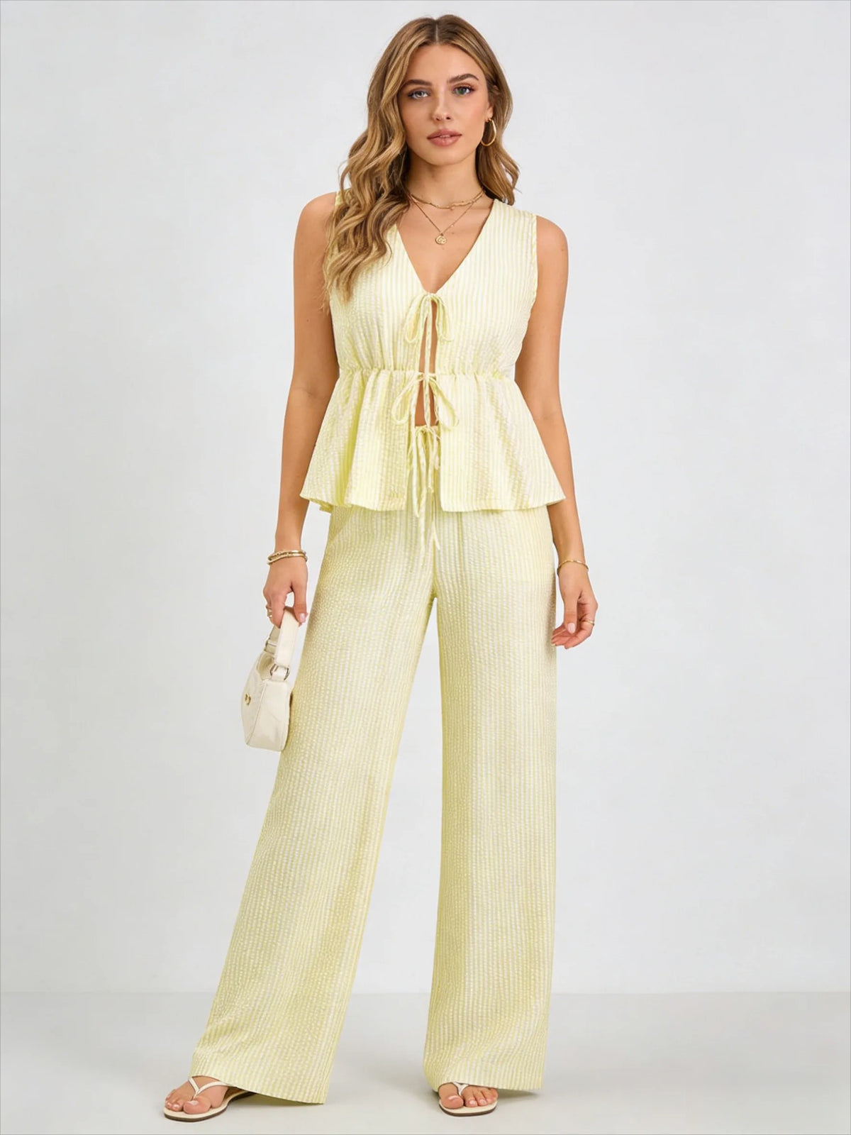 Spring/Summer Solid-Color Striped Set: Casual Tank Top, Tie-Front Tank Top, and Loose-Fit Tie-Front Solid-Color Pants