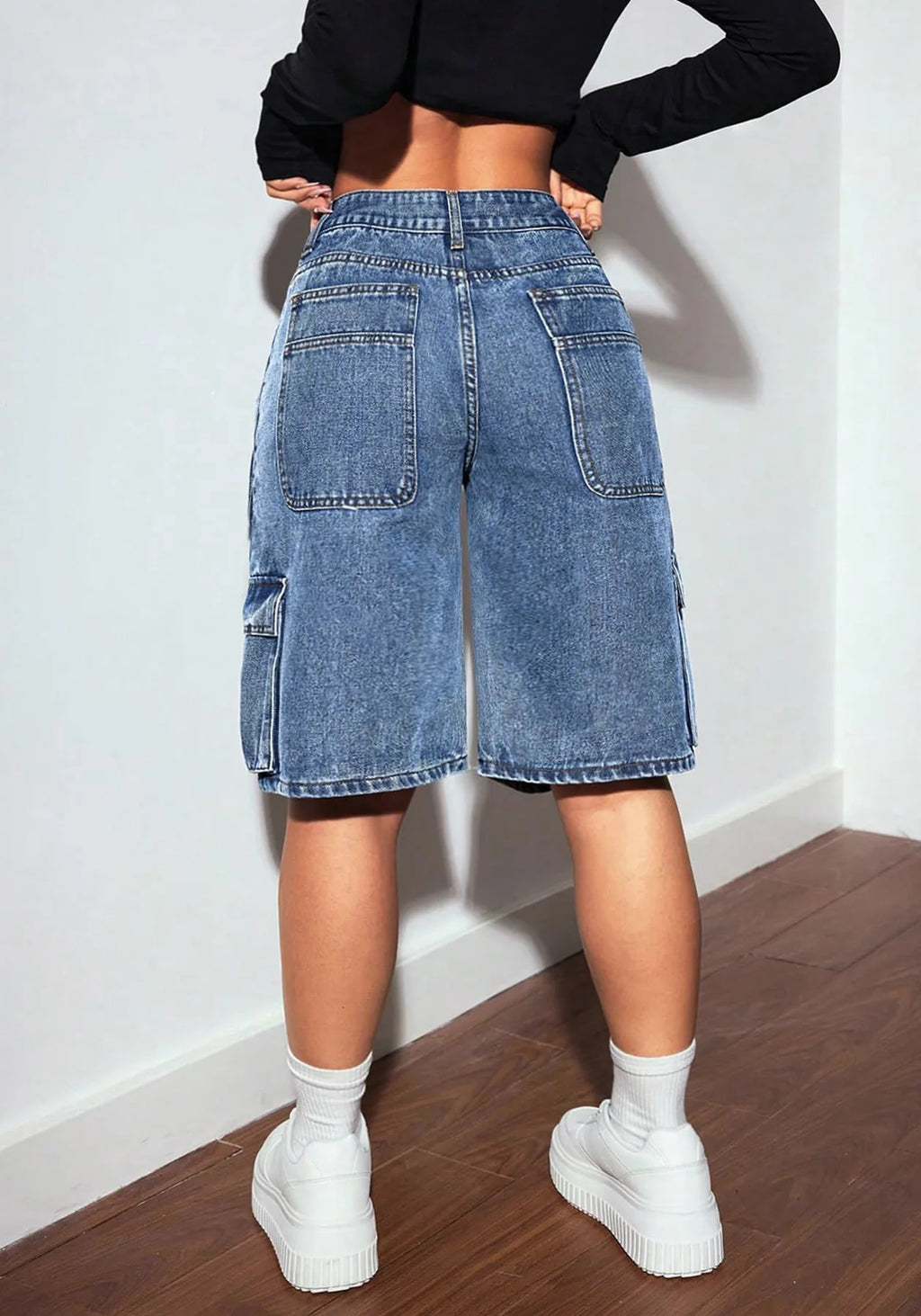 Shorts Women Knee Length Cargo Jeans Multiple Pockets High Waist Washed Distressed Streetwear 2025 Summer Denims Short Pants