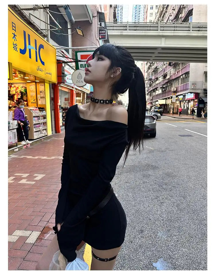Seeslim Black Slim Sexy Mini Dress Women Long Sleeve Autumn Off Shoulder Korean Fashion 2000s Y2k Clothes Party Dresses Chic