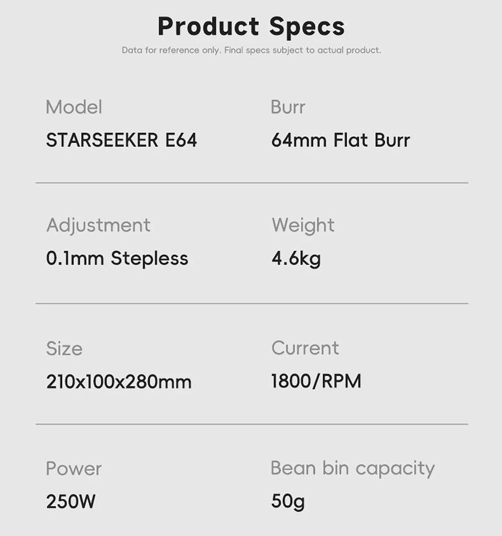 STARSEEKER E64 Electric Coffee Grinder Home 64mm Titanium Plated Flat Burr 1800RPM For Espresso Coffee Bean Stepless Adjustment