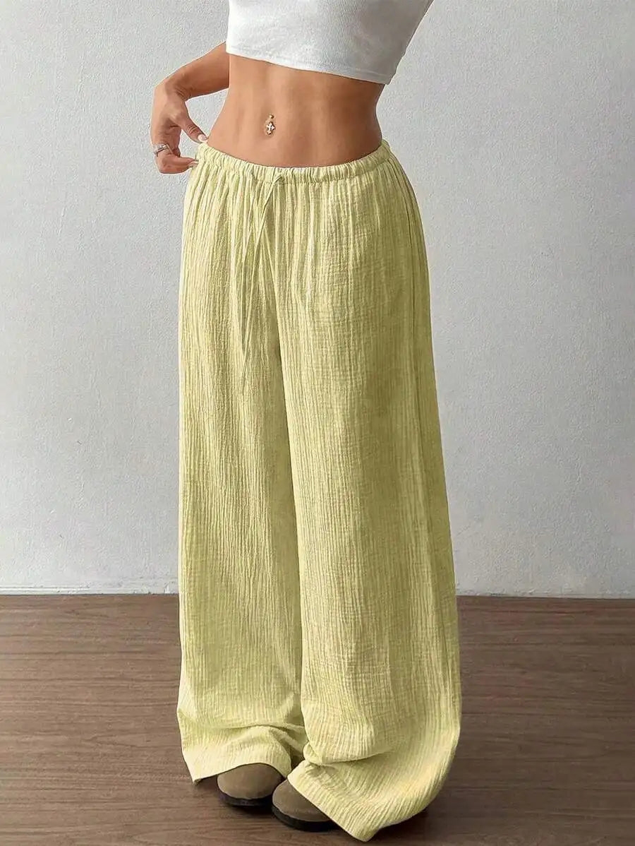 Women's Elegant Versatile Elastic Waist Comfortable Casual Pant Slightly Elastic Simple Solid Color High Waist Wide-leg Pants
