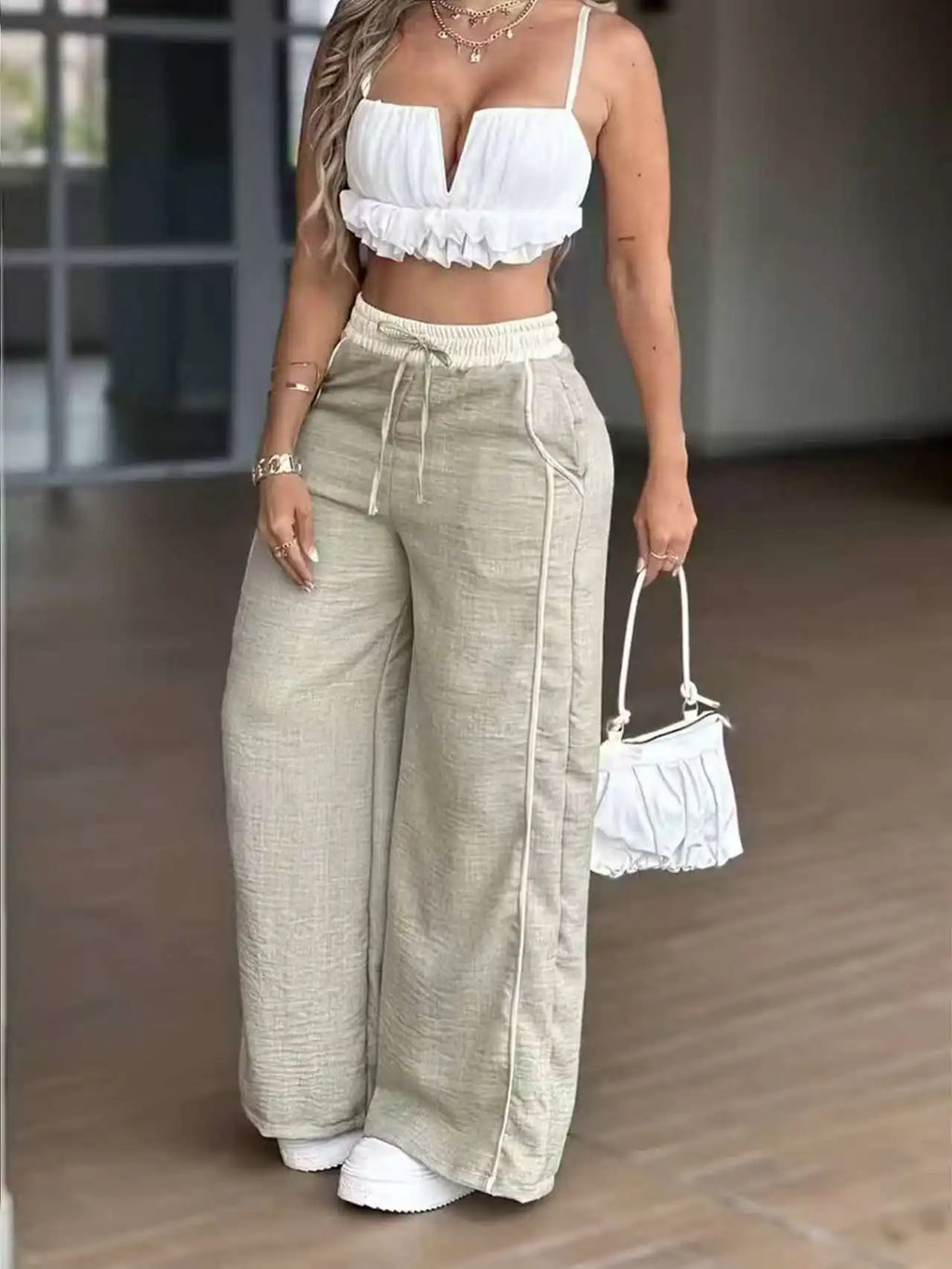 Women's Fashion Casual High Waist Straight Wide Leg Pants Color Block Patchwork Pockets