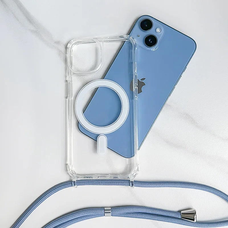 Crossbody Lanyard Clear Magnetic Case For iPhone 18 17 Air 16 15 Plus 14 13 12 Pro Max For Magsafe Acrylic Hard PC Back Cover