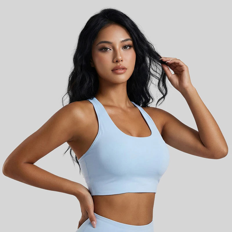 Fashion Neck Hanging Yoga Vest Women Stretchy Racerback Sports Vest with Fixed Built-in Pads Shockproof Push Up Yoga Apparel