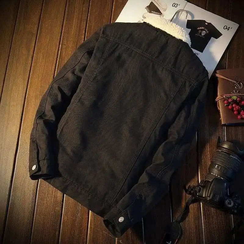 Mens Winter Fleece Denim Jacket Thick Warm Lambswool Loose Plus Size Cotton Trendy Casual Outerwear Coat