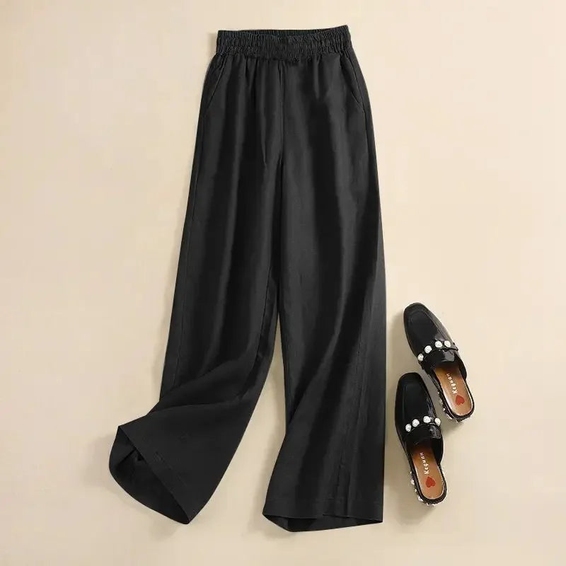 Women's Pants Summer Cotton Linen Wide-legged Elastic Waist Tie Casual Pants Loose Versatile High-waisted Straight Trousers