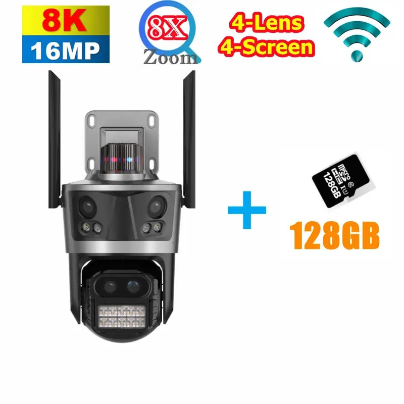WiFi Surveillance Camera Four Lens Four Screen 8K 16MP IP Camera 8X Optical Zoom Auto Tracking CCTV Alexa ICsee New Security Cam