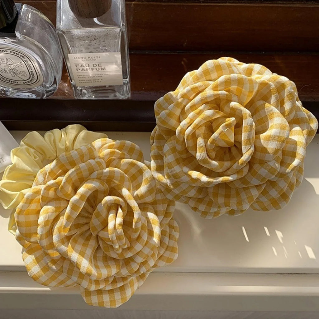 Women's Hair Claw Clip Checkered Yellow Rose Exquisite Grab Clip Hair Grab High End Korean Hair Accessory Flower Head Accessory