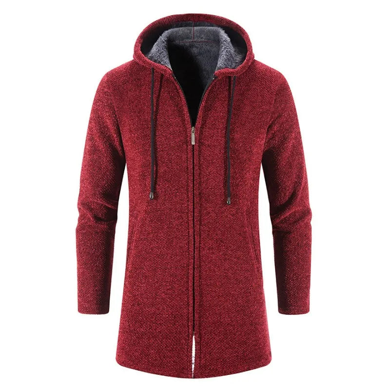 KIDWHXR Man Autumn Winter Cardigan Jacket Fleece Warm Hooded Sweater Coat Male Mid Length Long Sleeve Male Casual Outerwear