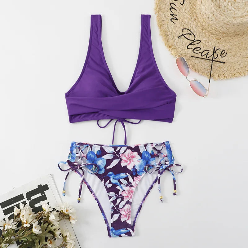 Alluring Bikini Sculpting Padded Backless Bikini Tieside Adjustable Halterneck Bikini Ruffled Beachwear Seamless Swimwear