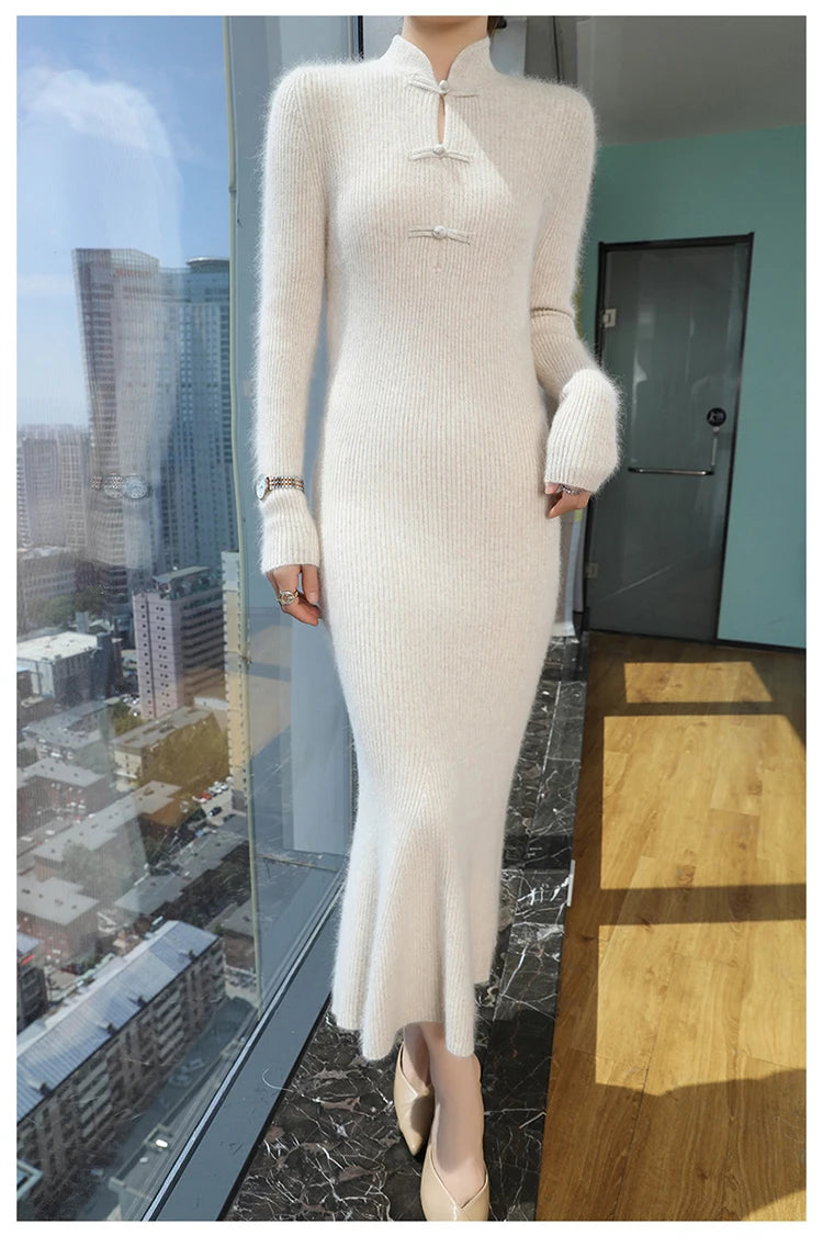 100% Mink Cashmere Knitted Dress Ladies Stand Collar Buckle Long Skirts Retro High Waist Over Knee Slim Dress New Thick Sweater