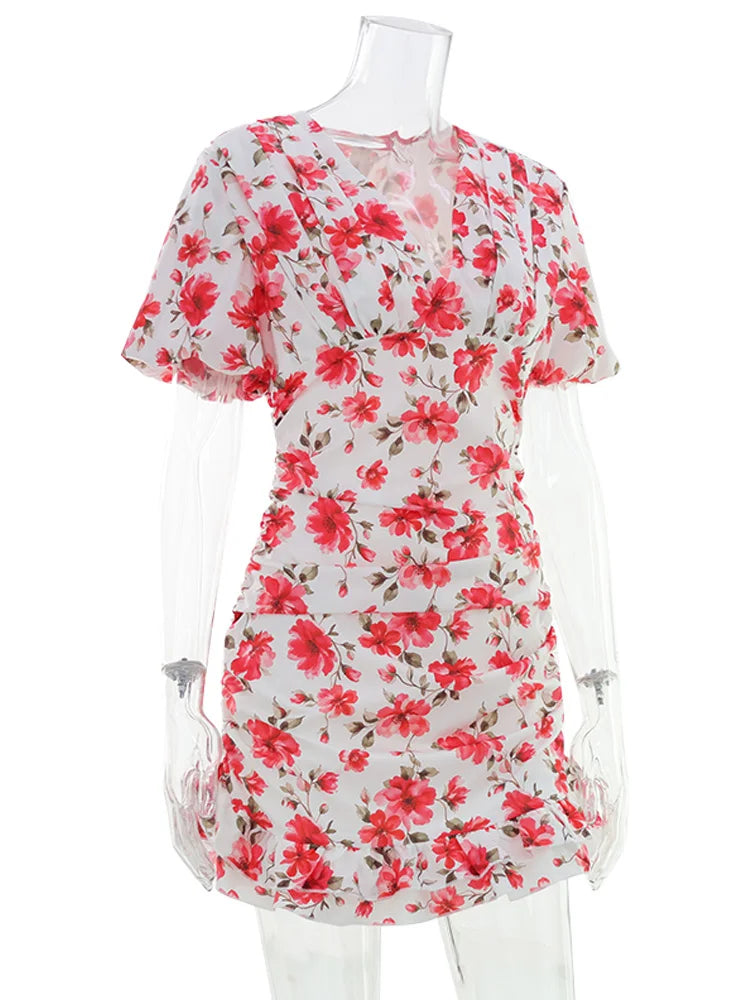 Ahagaga Summer Floral Print Mini Dresses Women Sexy V Neck Puff Sleeve Hip Wrap Slim Sheath Regular Casual Party Club Outfit