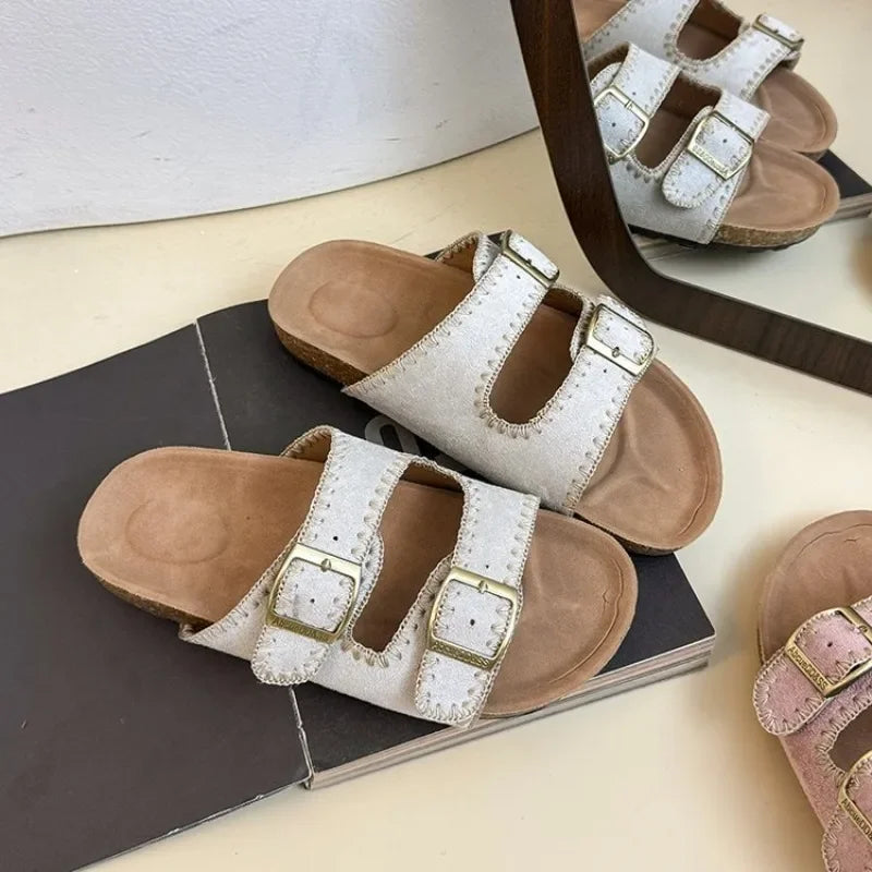Women's Flat Slide Sandals Open Toe Suede Look Double Buckle Strap Slip on Whipstitch Detail Casual Summer Daily Walking Shoes