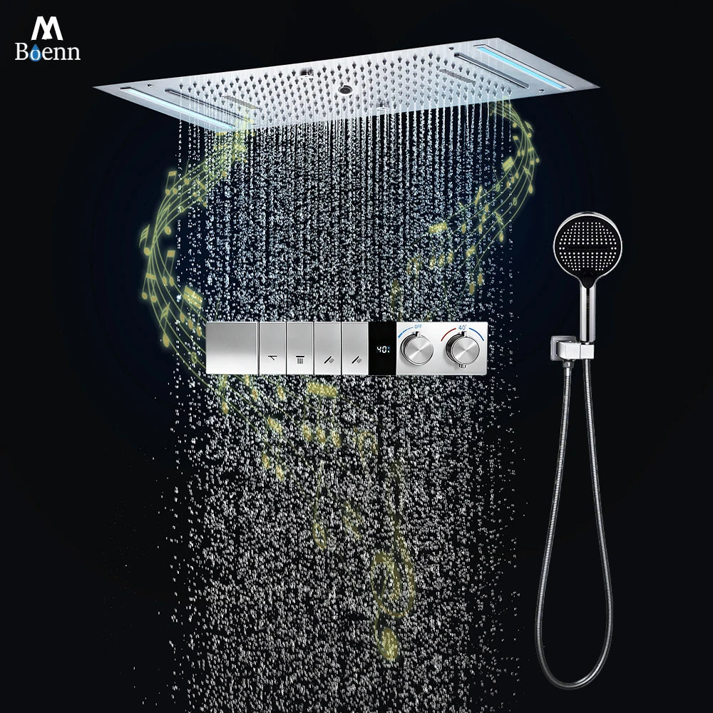 M Boenn 4 Functions Large Shower Set System Smart Digital Display Thermostatic Mixer Ceiling Black Shower Head Bathroom Faucets