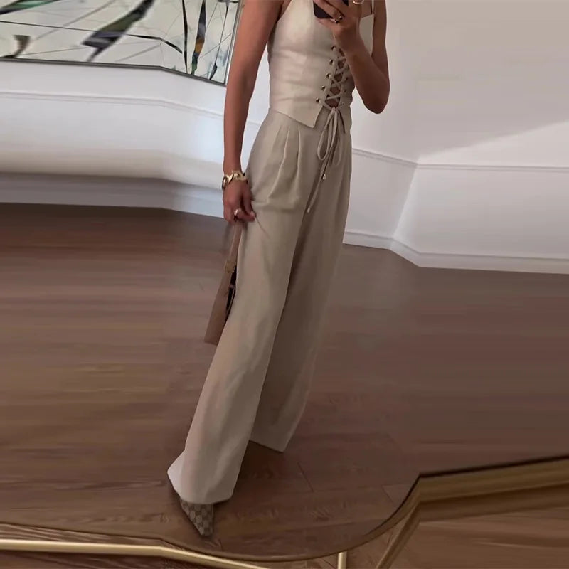 Summer Leisure High Street Outfit Office Lady Solid Color Slim Two Piece Set Chic Sleeveless Bandage Tank Tops&Pocket Pants Suit