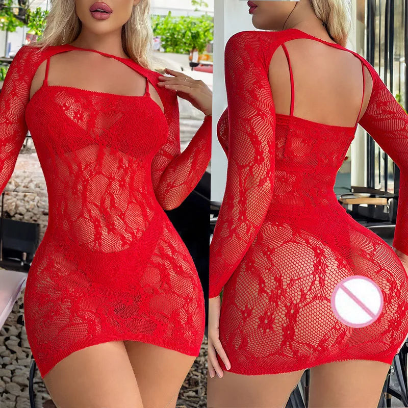 Trendy Sexy Hollow Out Bodycon Dress Woman Sexy Lingerie Erotic Fishnet Bodysuits Short Dress With A Shawl Porn Underwear Sets
