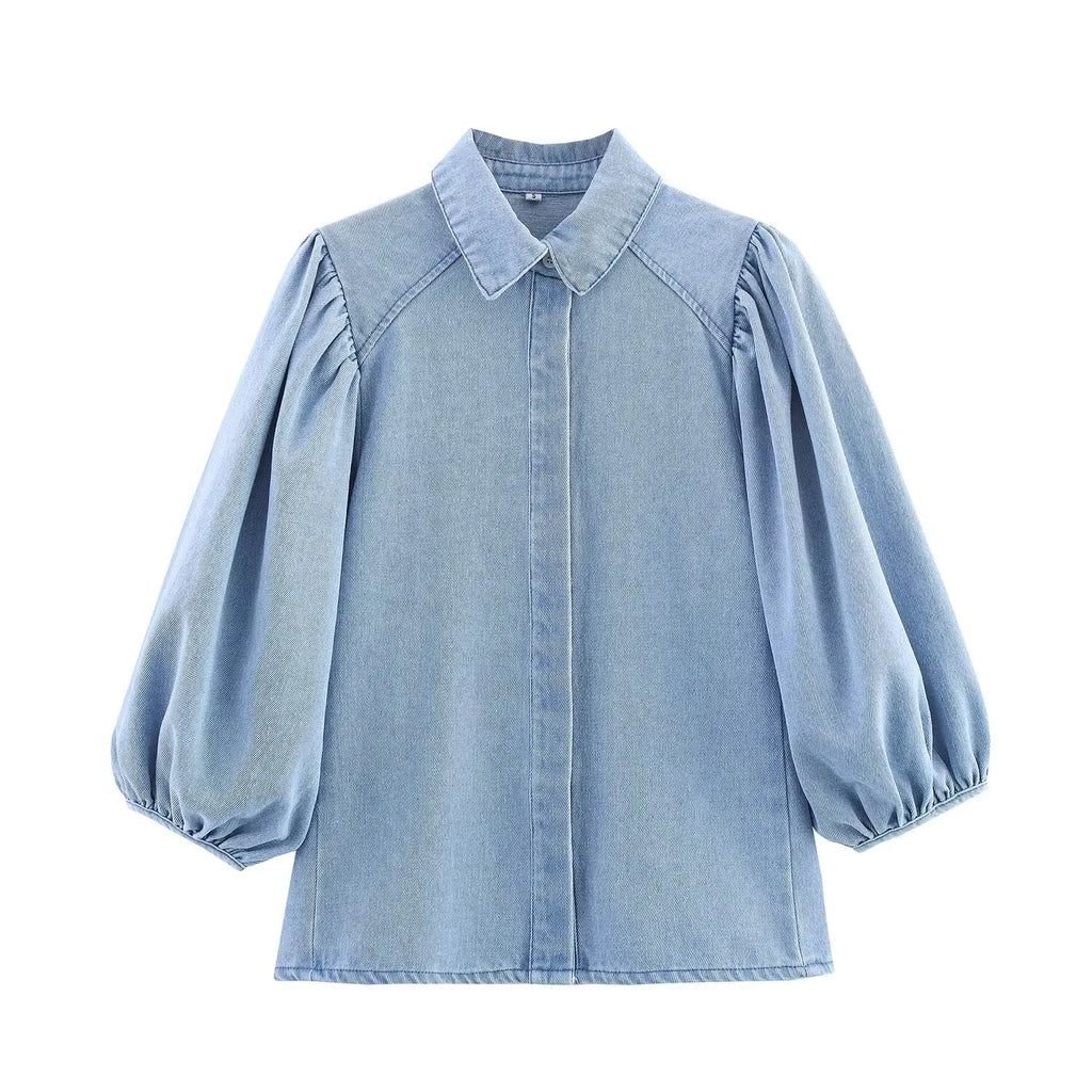HH Women Summer New Fashion Thin Single-breasted Loose Folds Denim Shirt+High Waist Zipper Pocket Wide-leg Casual Pants Suit