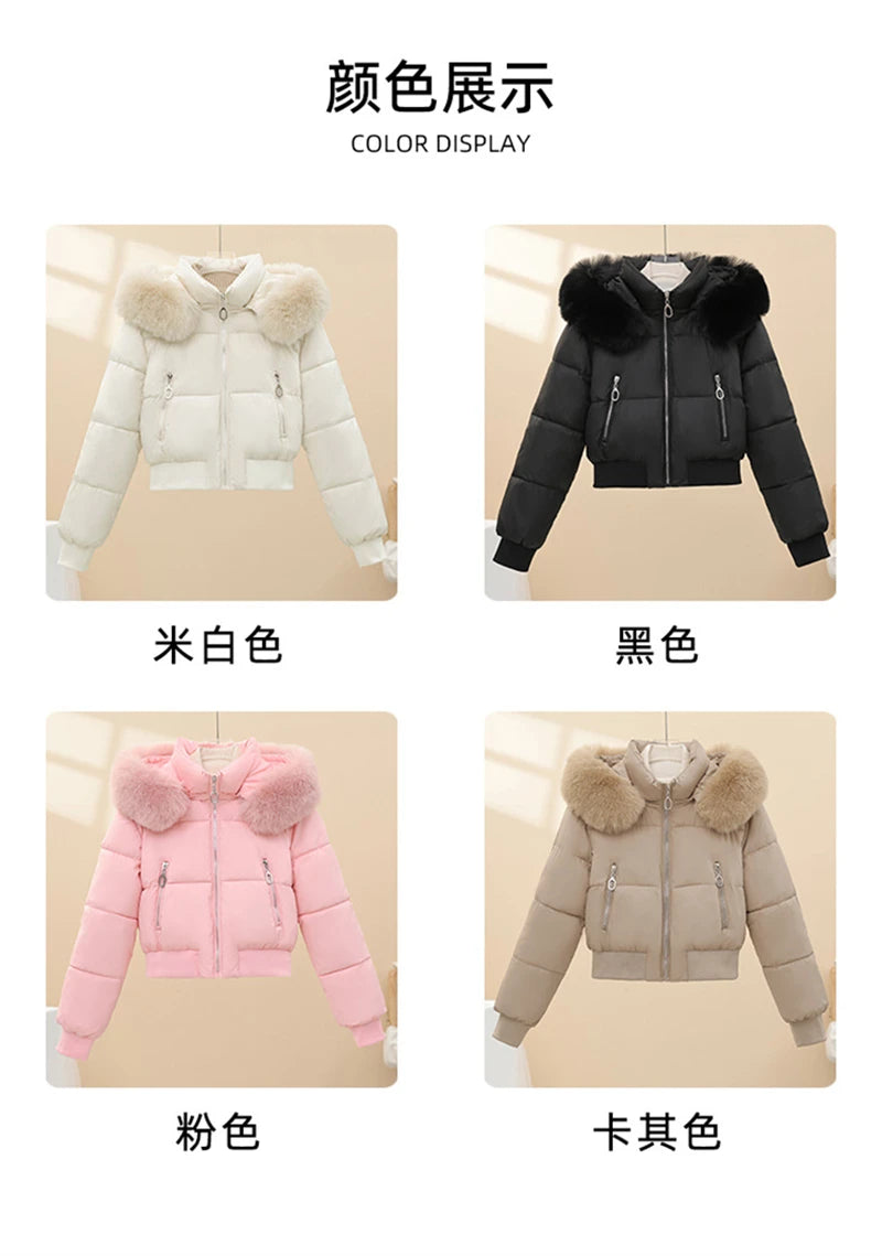 Short Cotton Jackets Long Sleeve Loose Hooded Short Women's Parka Coats Big Fur Collar Winter Down Cotton Padded Coats 2025 New