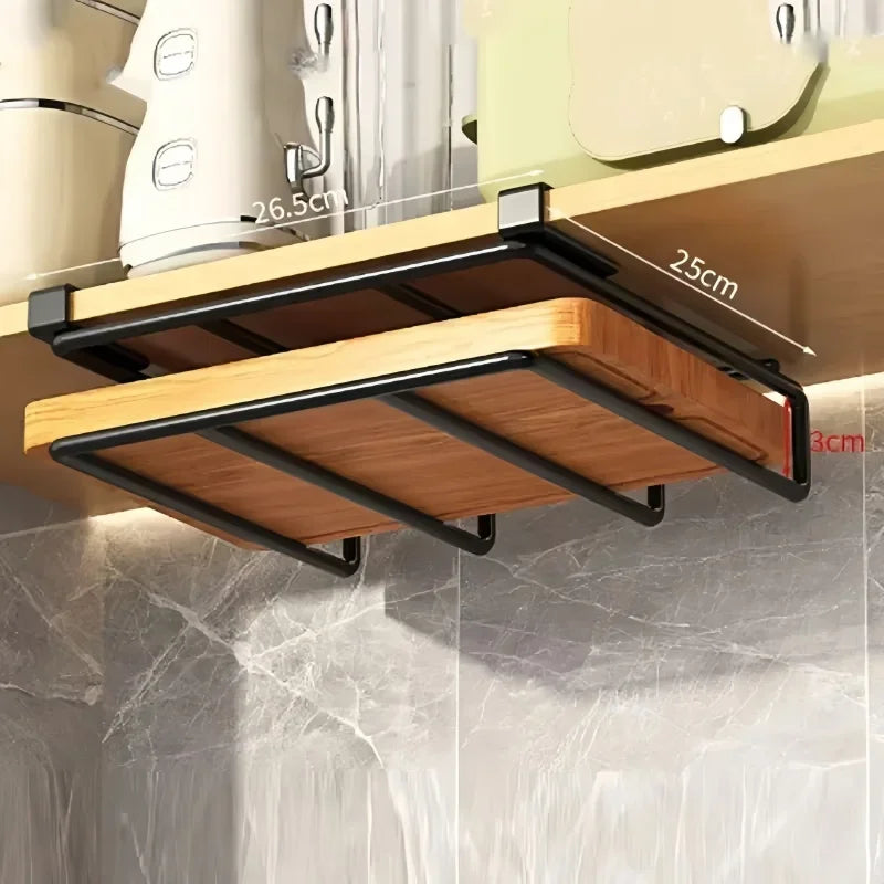 Kitchen Under Cupboard Hanging Organizer Rack with Hook Paper Towel Rags Hanger Cutting Board Pot Cover Holder Storage Shelf