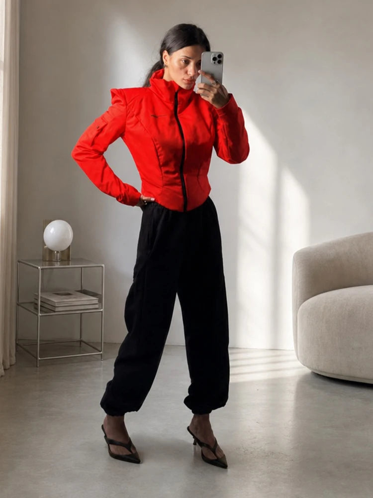 Women Sporty Cropped Padded Jacket Stand Collar Zip‑Up Shoulder Pad Long Sleeve Slim Fit Warm Coat Casual Chic Ladies Outerwear
