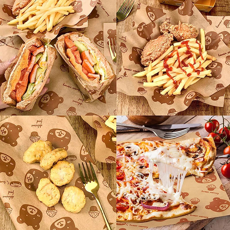 50Pcs Sandwich Packaging Paper Cartoon Coated Wrapping Disposable Household Oil-proof Chicken Roll Breakfast Baking Kitchen Tool