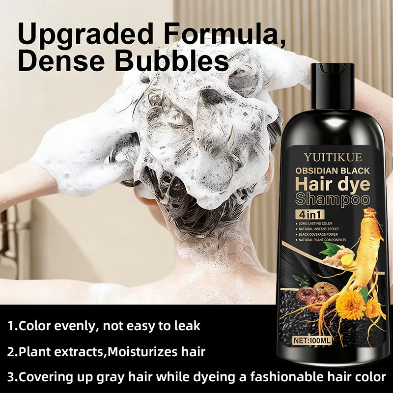 Obsidian Black Hair Dye Shampoo 100ml - 4-in-1 Plant Formula, Covers Gray Hair with Natural Color, Dense Bubbles, Lasting Color