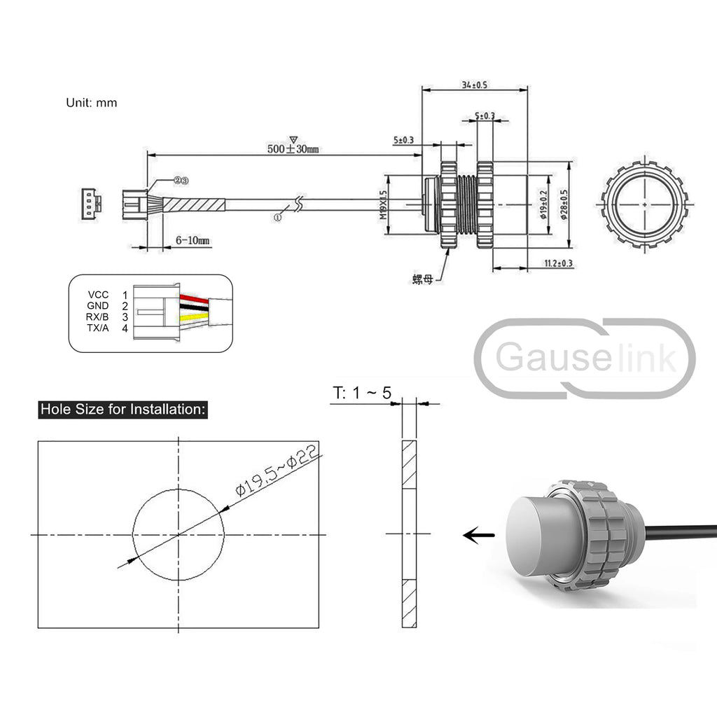 Underwater Submarine Ultrasonic Sensor Module Probe for Distance Measurement Obstacle Avoidance IP68 UART/RS485 Range 600cm