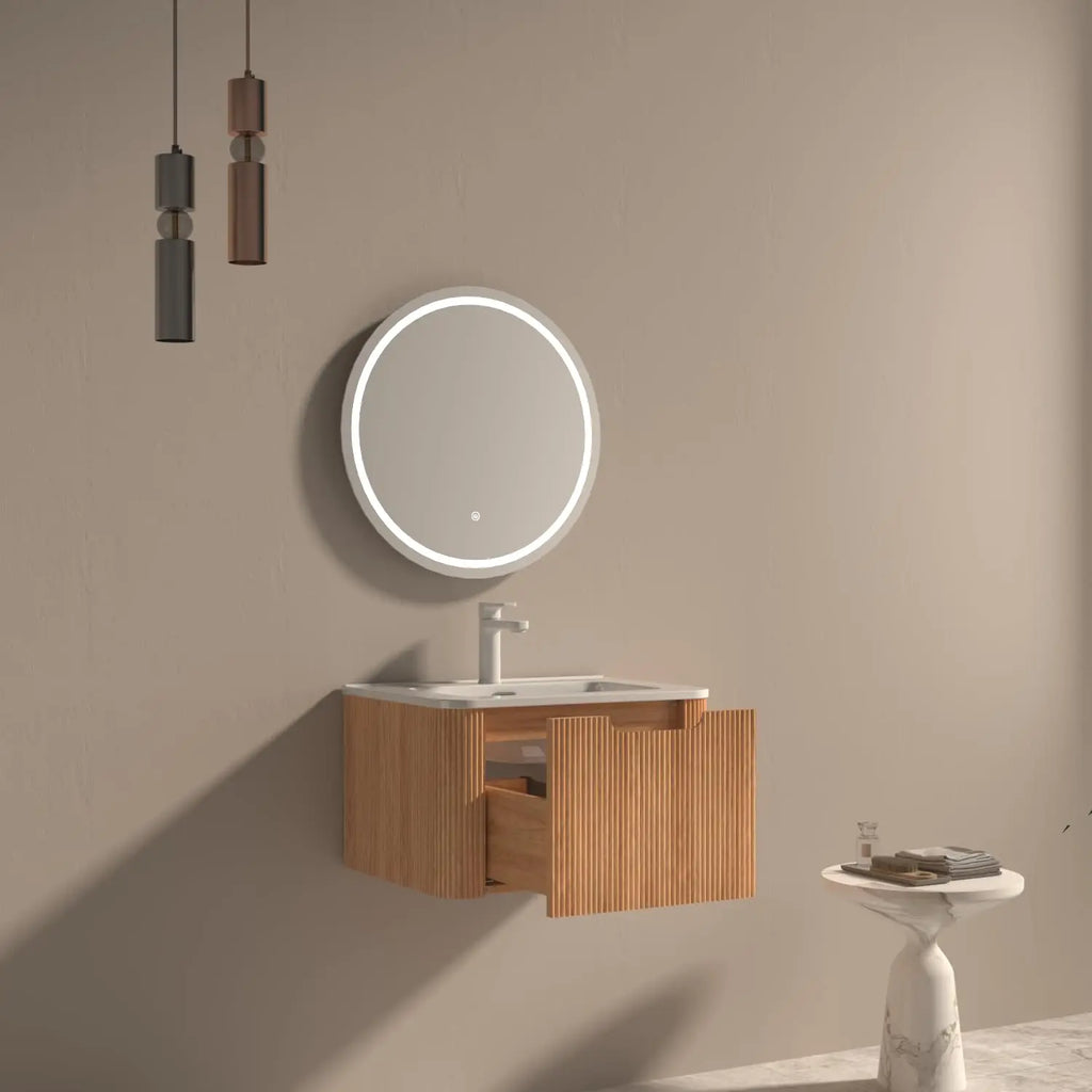 24'' Floating Bathroom Vanity with Sink, Wall Mounted Modern Bathroom Cabinet W/Curved Edges Stripes, Oak & Plywood,, Custom