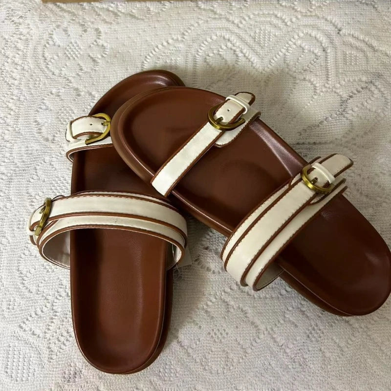 Double Buckle Sandals Women Comfortable Flat Slippers Casual Summer Beach Shoes Non-slip Slip On Slides Chunky Footbed