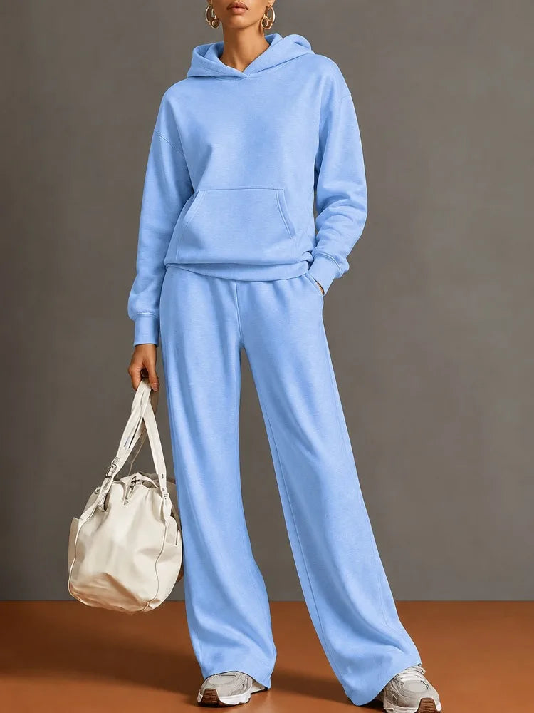 Autumn Fashion Warm Hoodie Sweatshirts Two Pieces Over Sized Solid Casual Hood Pullovers Long Pant Sets Women's Tracksuit Suit