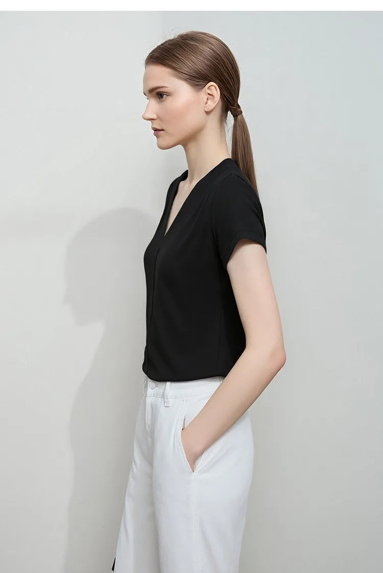 AMII Minimalism 2026 Summer Women's T-shirt Classic Style Casual V-neck Short Sleeve Solid Stretch Female Tops & Tees 12312013
