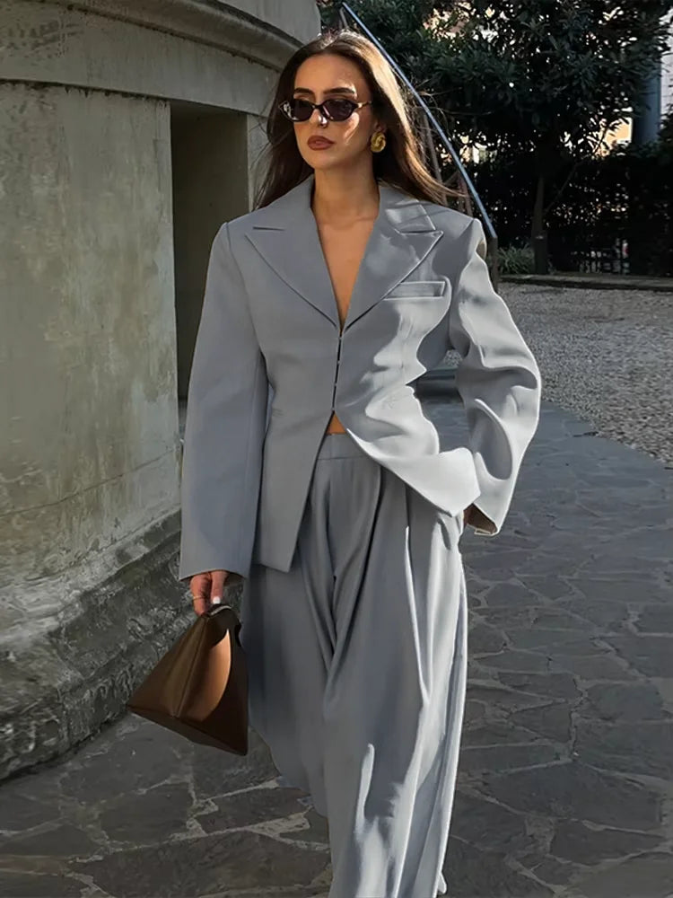 Casual V-neck Blazer Pants Set Women Single Breasted Pocket Jacket Wide Leg Trousers Lady Suit 2026 Elegant 2 Pieces Sets Female
