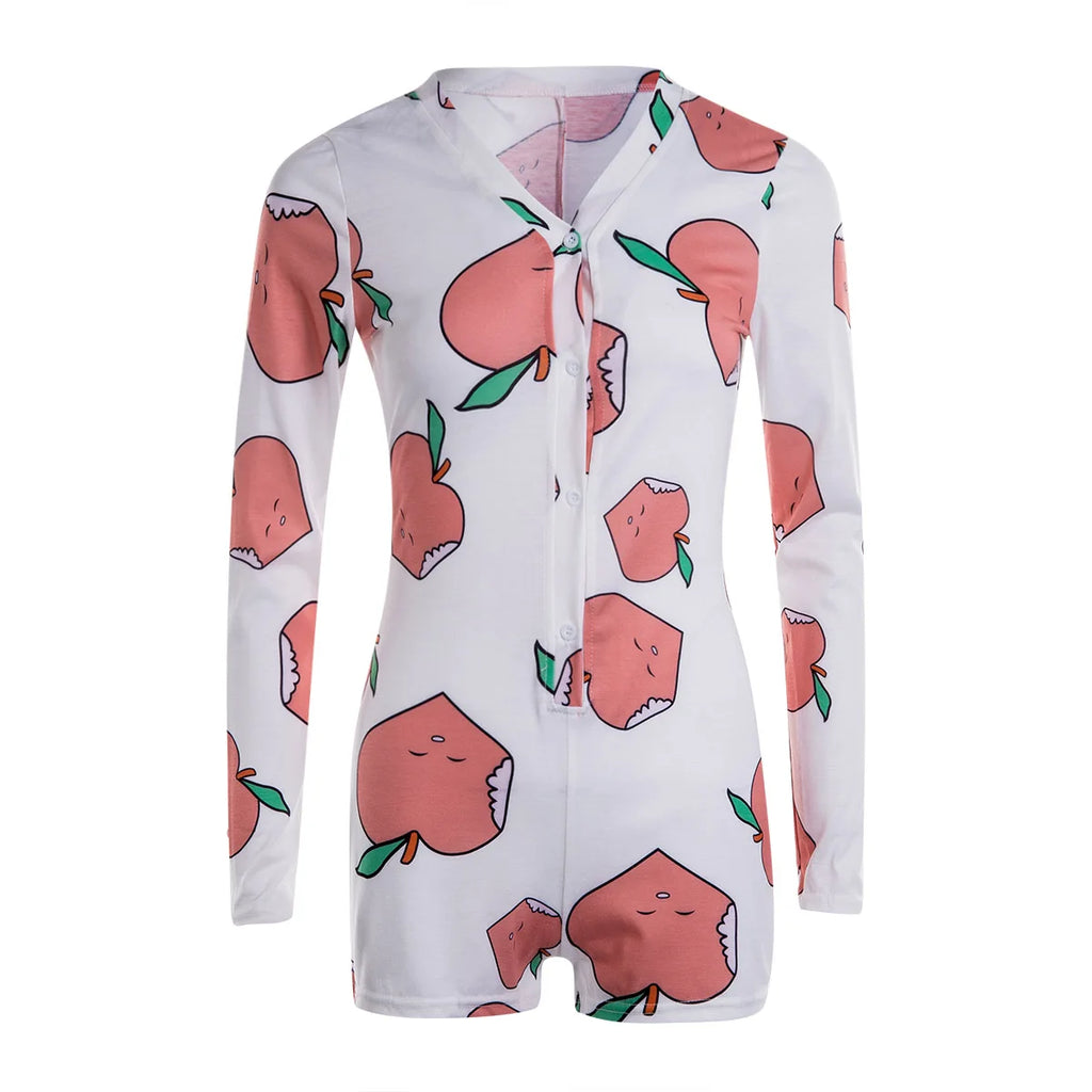 Women Long Sleeve Low Cut Bodycon Sleepwear Spicy Print Short Romper Pajamas Overalls Spring Autumn Housedresses