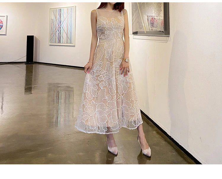 Fashion Slim O-Neck Long Party Casual Dress Hot Sale Summer Dresses Korean Retro Sleeveless Mesh Embroidery Vestidos