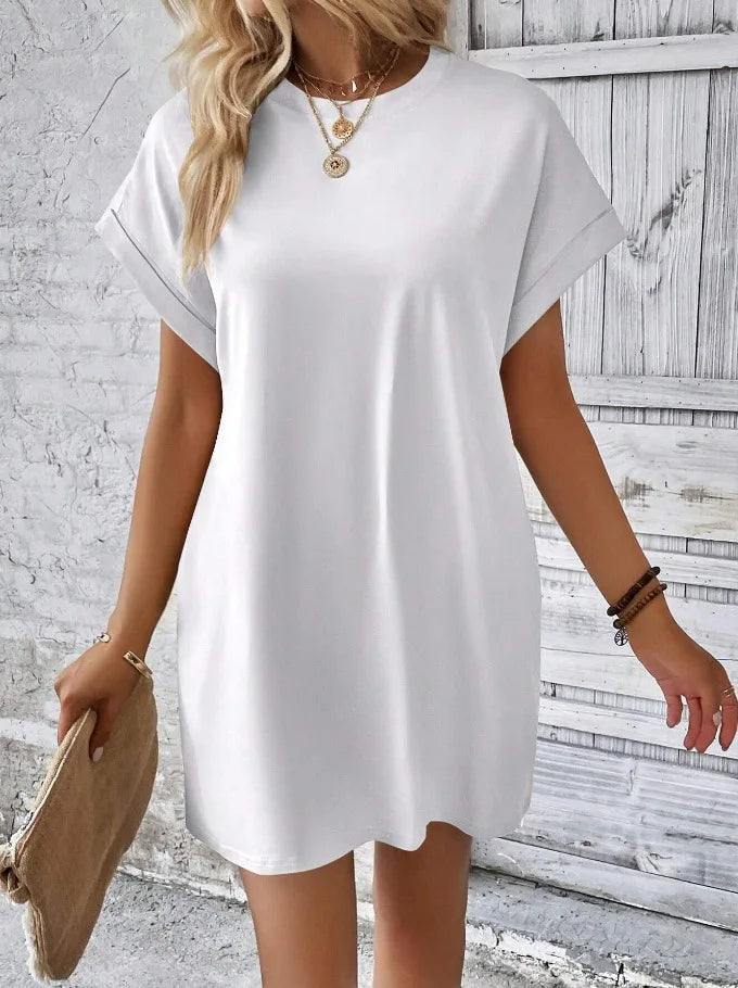 New women's spring and summer fashionable temperament casual commuting solid color round neck loose short sleeved pocket dress