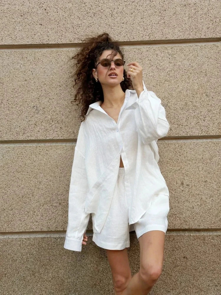 2026 Women's Chic Casual Shorts Sets 100% Cotton Solid Color Cozy Lapel Long Sleeve Shirt Summer New Elastic Waist Shorts Suits