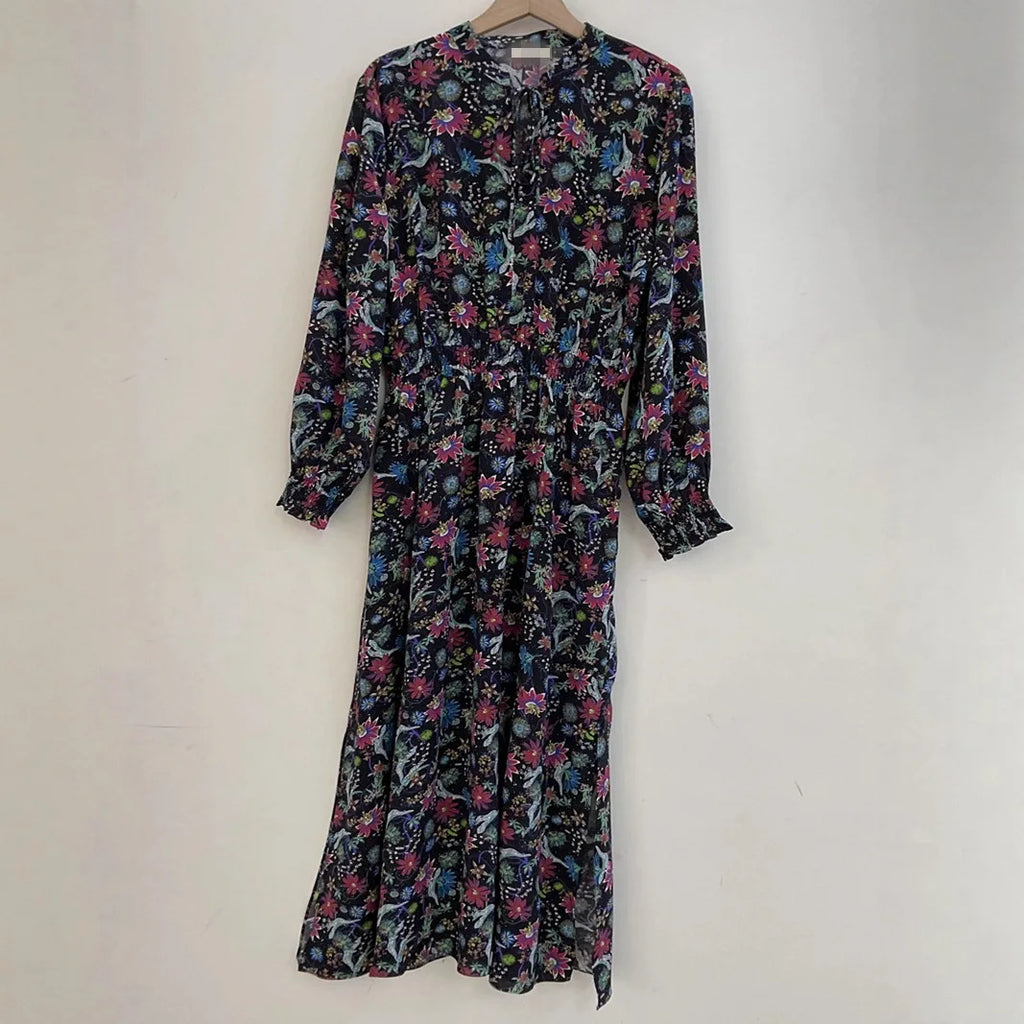 Elegant Black Floral Print Long Sleeve Slimming Dress High Waist A-Line Skirt V-Neckline Silk Fabric Spring Summer New Arrival