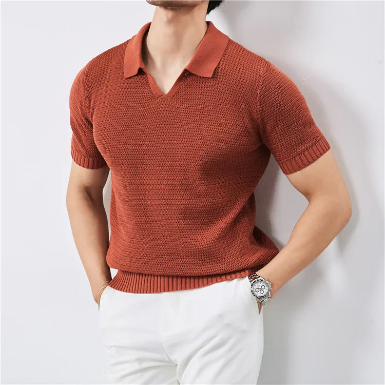 Summer Clothing Men Luxury Knitted Skinny Polo Shirt Men Korean Breathable V Neck Polo Shirts Short Sleeve Knitwear Tops Tees