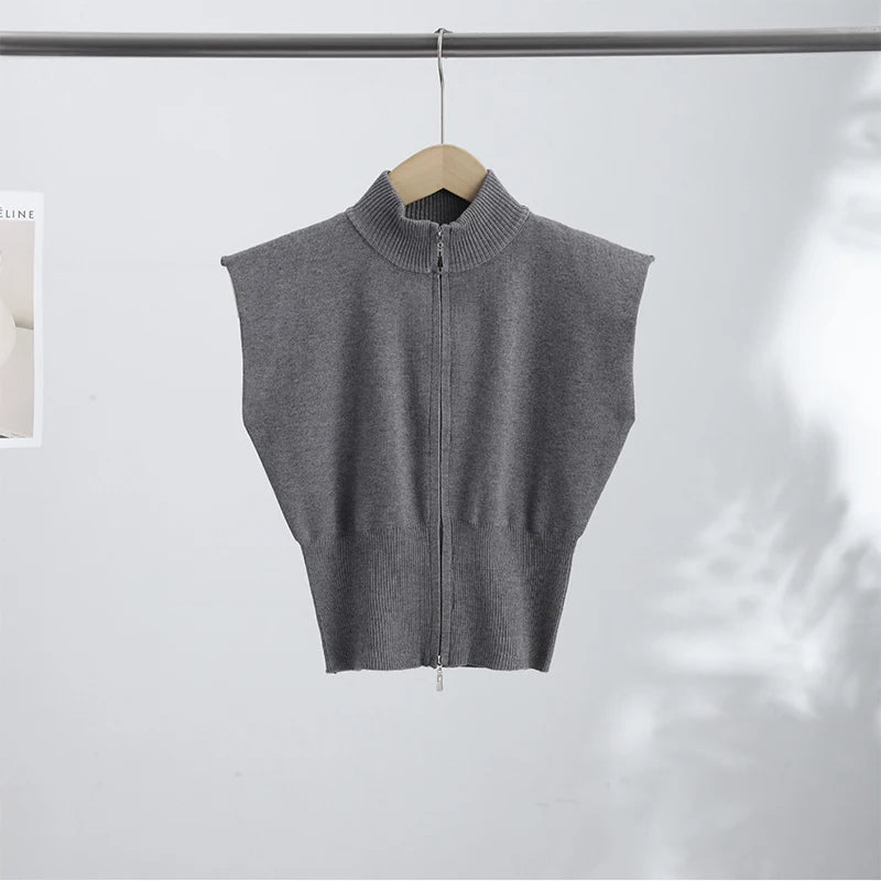 Sleeveless Padded Shoulder Women's Knitted Vest Half Turtleneck Double Zipper Cropped Slim Solid Knit Cardigan Street New Tops