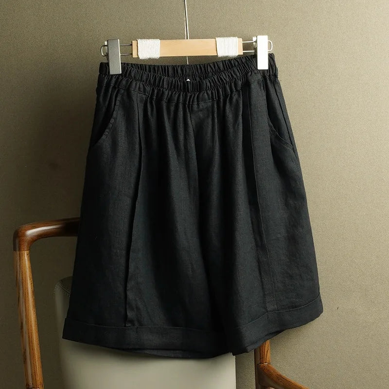 Women's Spring Summer New Linen Wide Leg Shorts Elastic High Waist Casual Loose Plus Size Straight Leg Pants