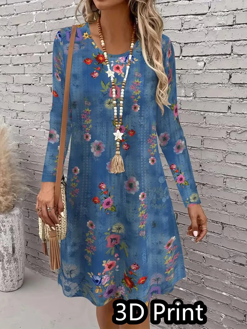 3D retro printed dress, women's autumn long sleeved round neck casual mini A-line dress Vestidos De Mujer