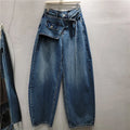 All-match New Spring Autumn Vintage Elastic Waist Women Bootcut Jeans Personality Splicing Fashionable Wide Leg Denim Trousers